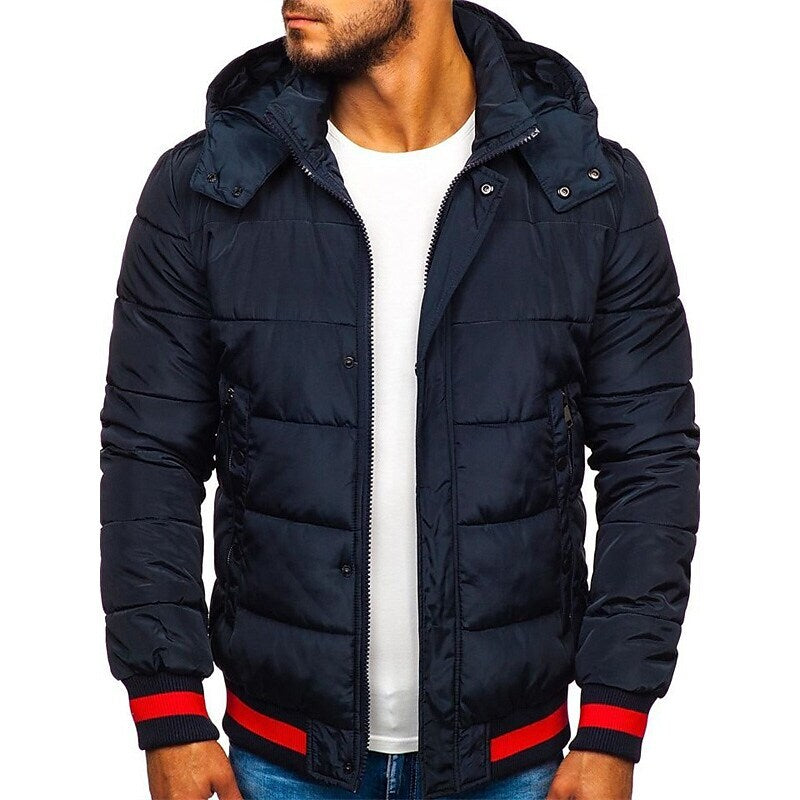 Men's Solid Color Outdoor Windproof Hooded Puffer Jacket