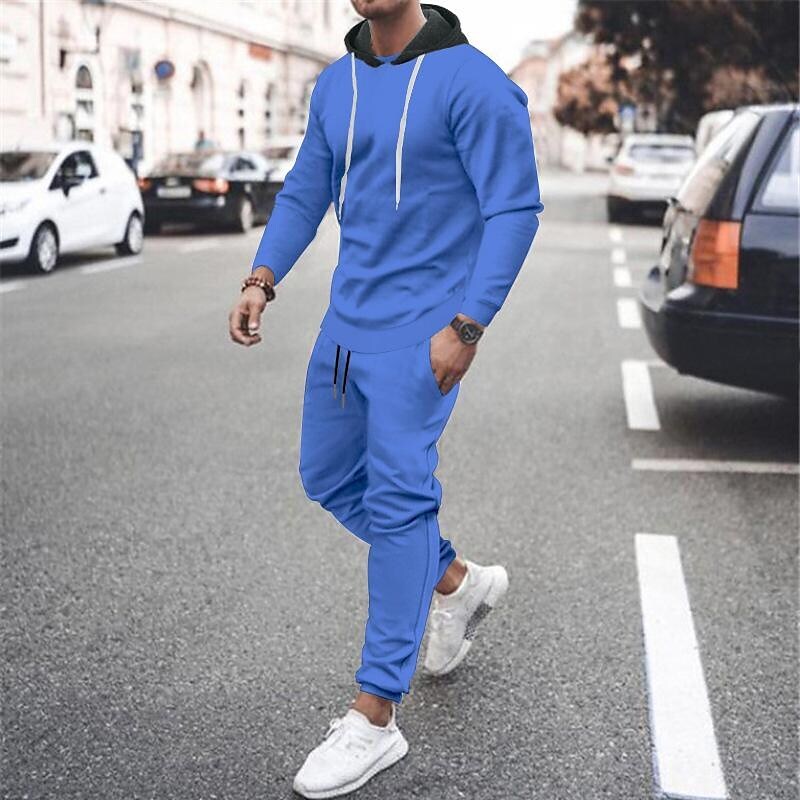 Men's Contrast Hoodied Trendy Pullover Tracksuit