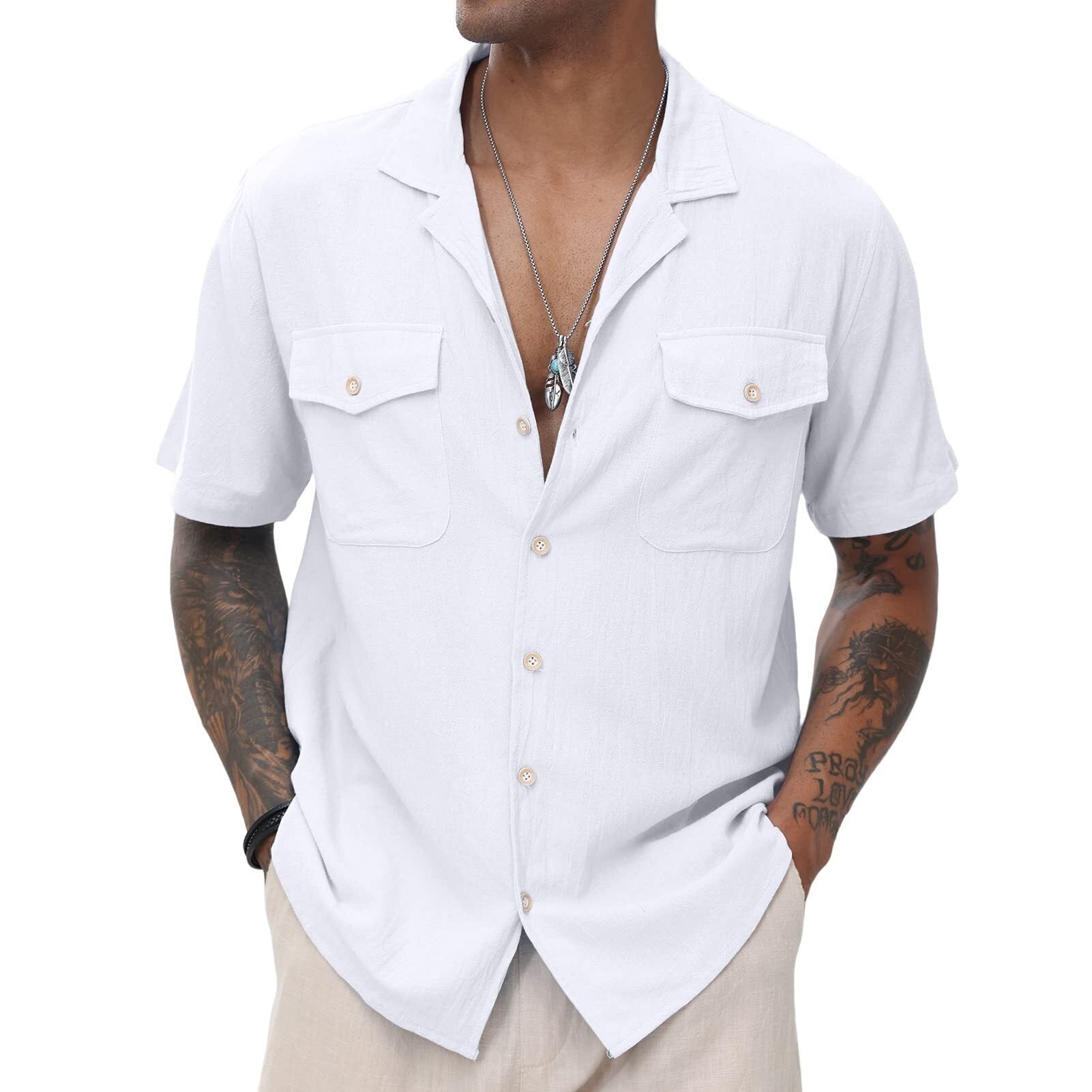 Men's Cuban  Linen Shirts Casual Short Sleeve Button Down Shirts Summer Beach Top with Pocket