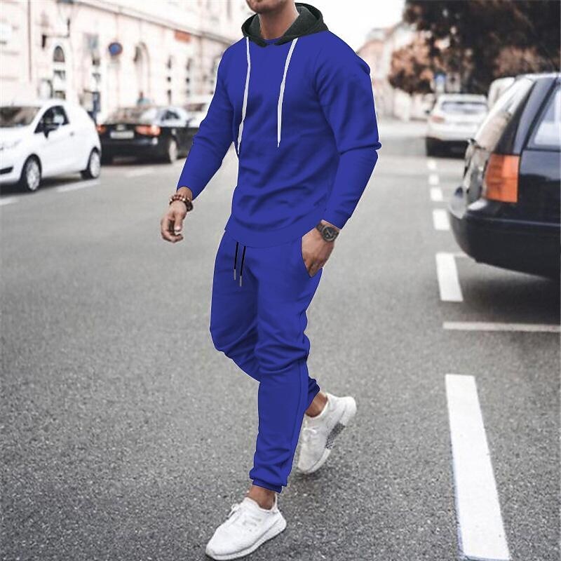 Men's Contrast Hoodied Trendy Pullover Tracksuit