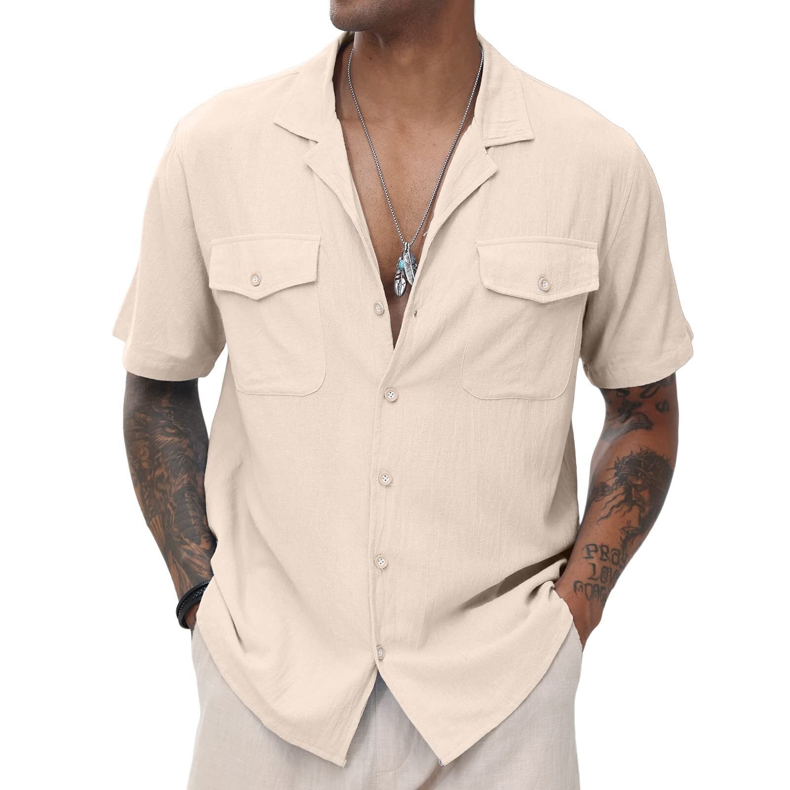 Men's Cuban  Linen Shirts Casual Short Sleeve Button Down Shirts Summer Beach Top with Pocket