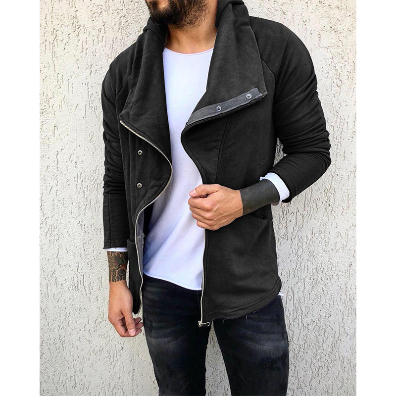 Men's Solid Color Hooded Slim Fit Fleece Diagonal Placket Sweatshirt