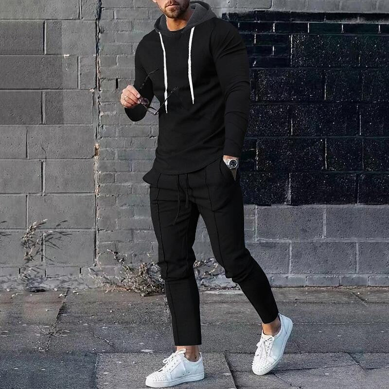 Men's Contrast Hoodied Trendy Pullover Two-piece Suits