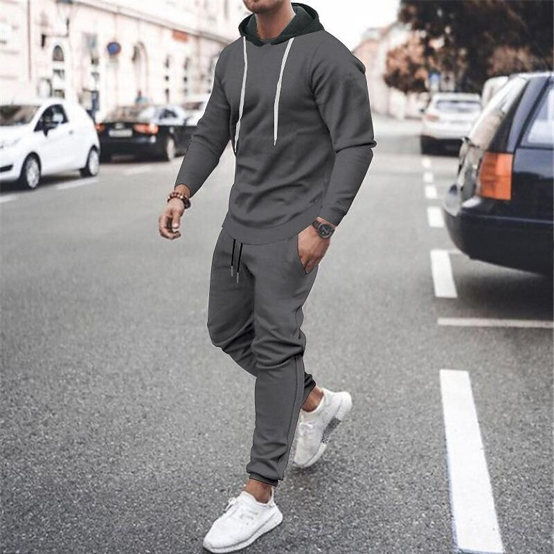 Men's Contrast Hoodied Trendy Pullover Tracksuit