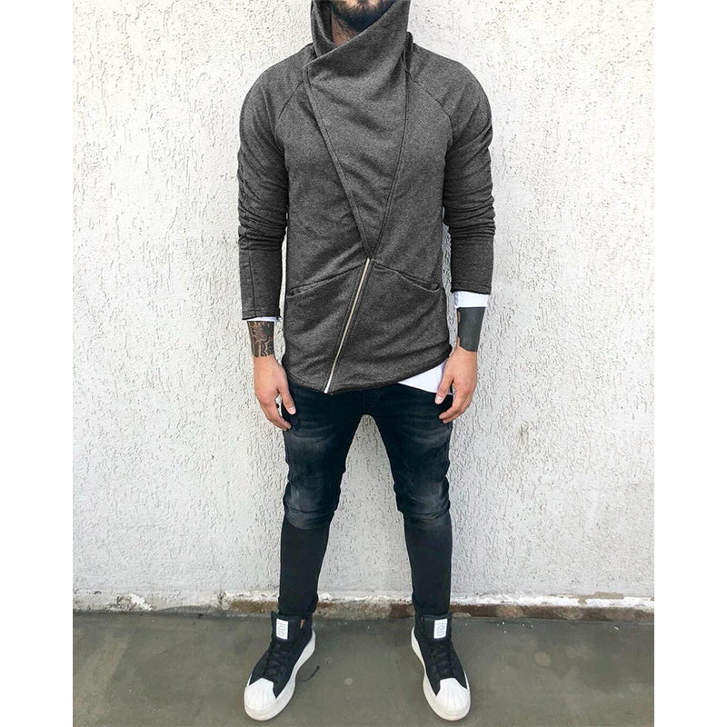 Men's Solid Color Hooded Slim Fit Fleece Diagonal Placket Sweatshirt