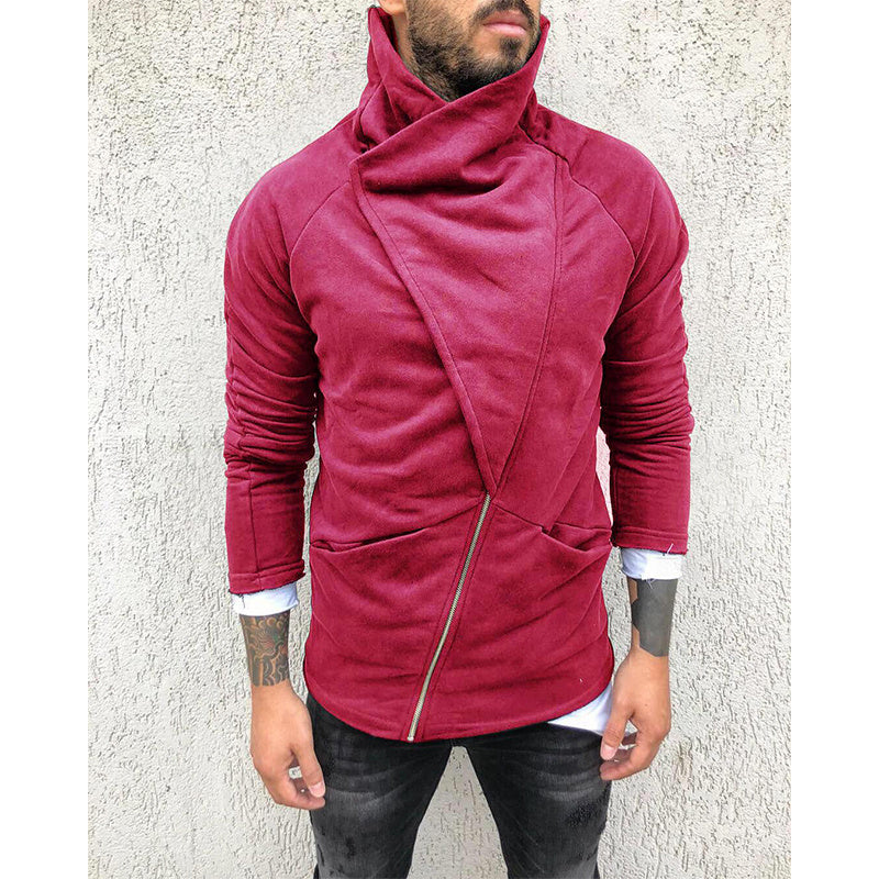 Men's Solid Color Hooded Slim Fit Fleece Diagonal Placket Sweatshirt