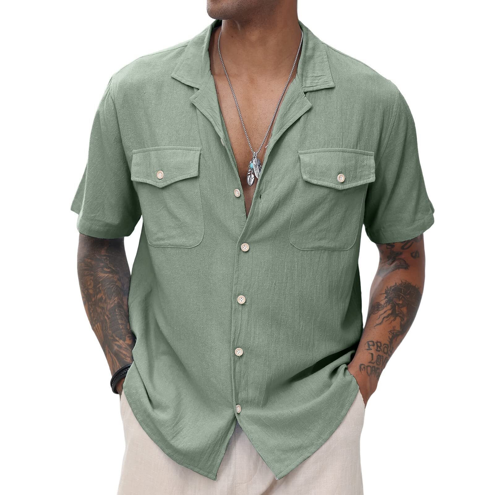 Men's Cuban  Linen Shirts Casual Short Sleeve Button Down Shirts Summer Beach Top with Pocket