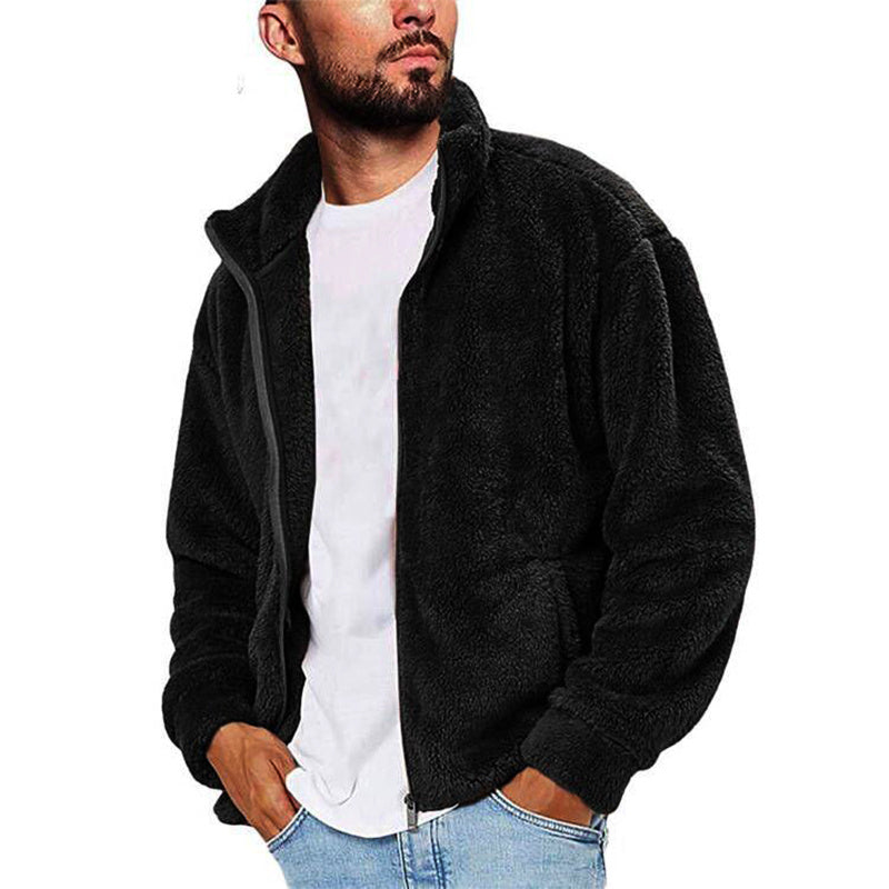Men's Stand Collar Solid Color Fleece Zip-Up Sweatshirt