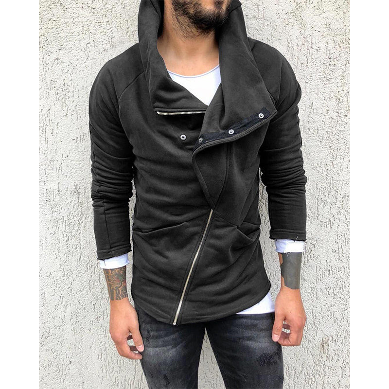 Men's Solid Color Hooded Slim Fit Fleece Diagonal Placket Sweatshirt