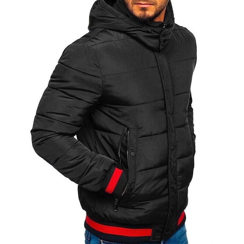 Men's Solid Color Outdoor Windproof Hooded Puffer Jacket