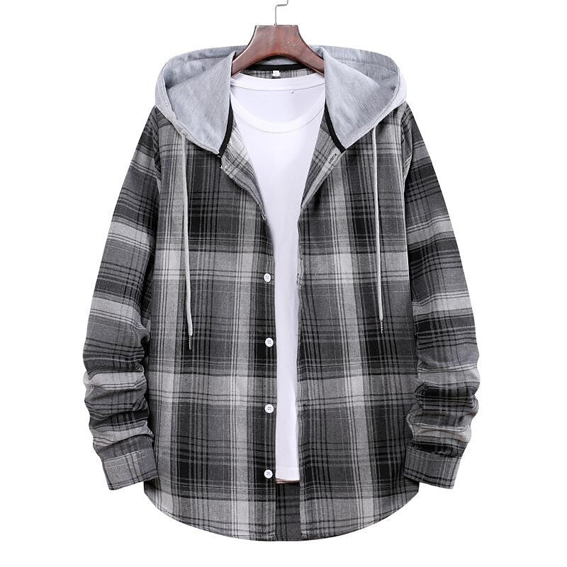 Men's Long Sleeve Check Hooded Casual Shirt Yellow Navy Blue Gray