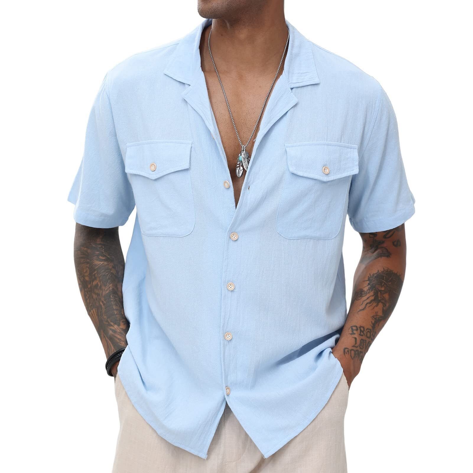 Men's Cuban  Linen Shirts Casual Short Sleeve Button Down Shirts Summer Beach Top with Pocket