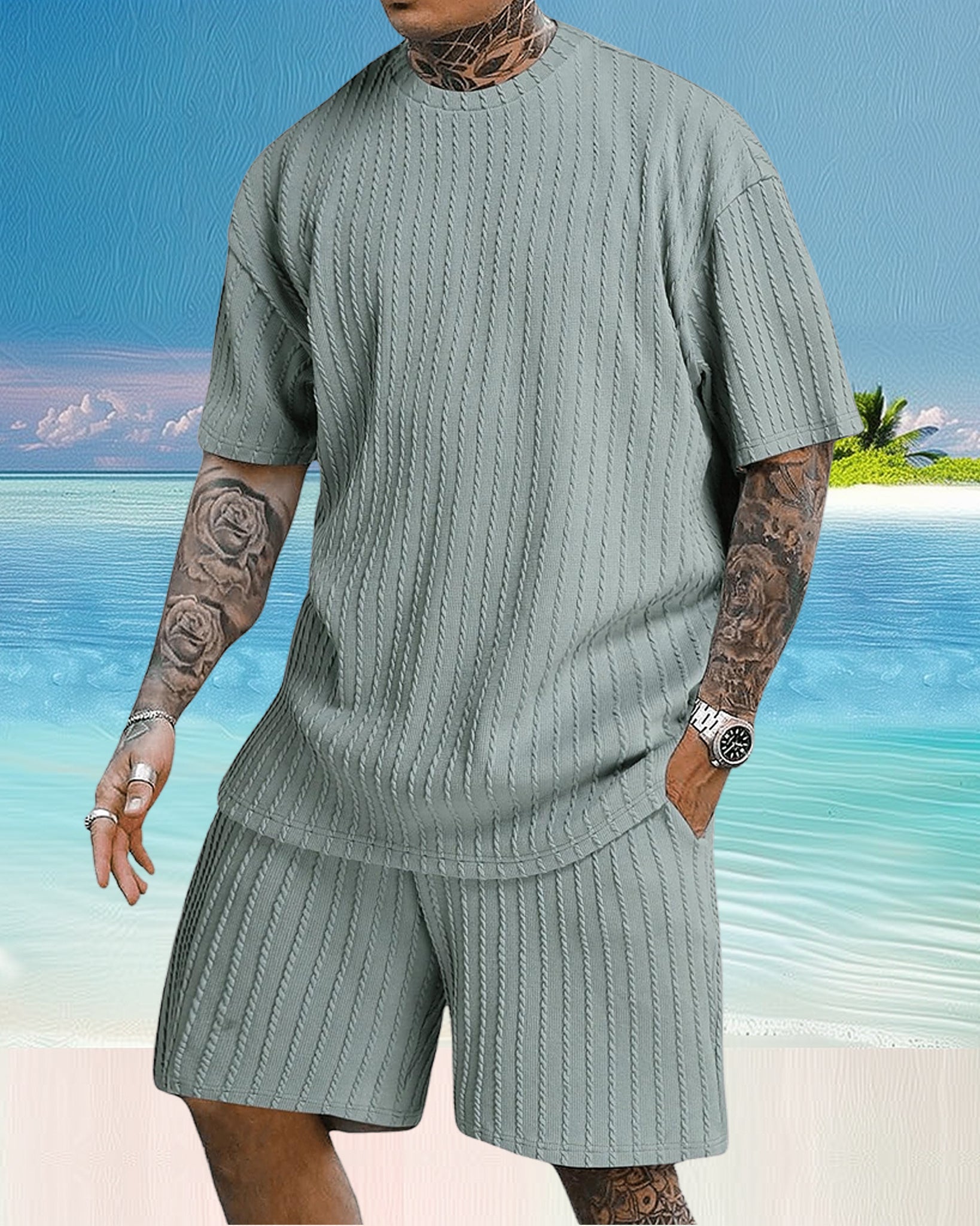 Men's Casual Textured Printed Short Sleeve Tee & Drawstring Waist Shorts Set
