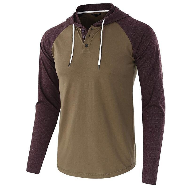 Men's Color Block Raglan Sleeves Drawstring Hoodie T-shirt