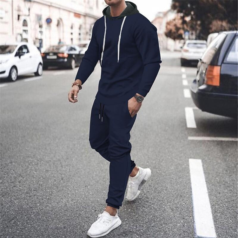 Men's Contrast Hoodied Trendy Pullover Tracksuit