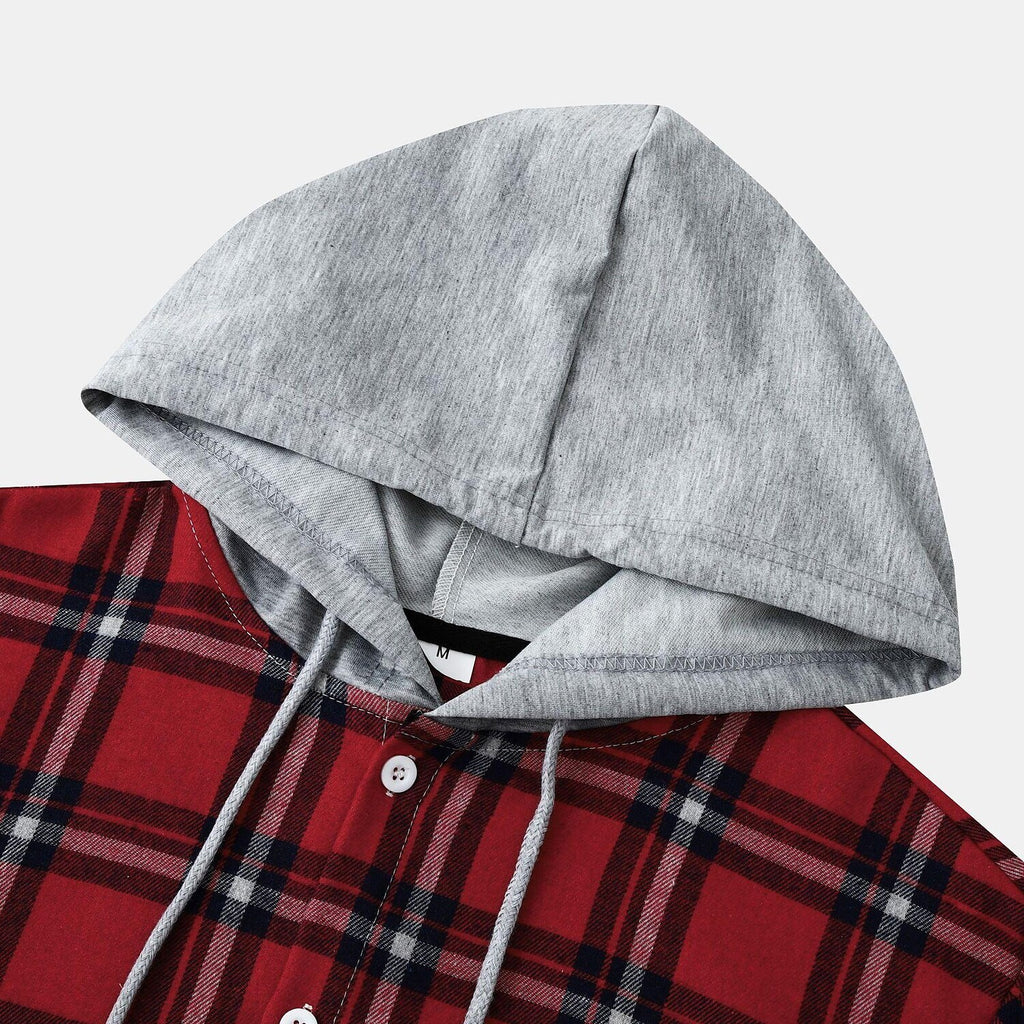 Men's Long Sleeve Flannel Brushed Check Hooded Casual Shirt Red Blue