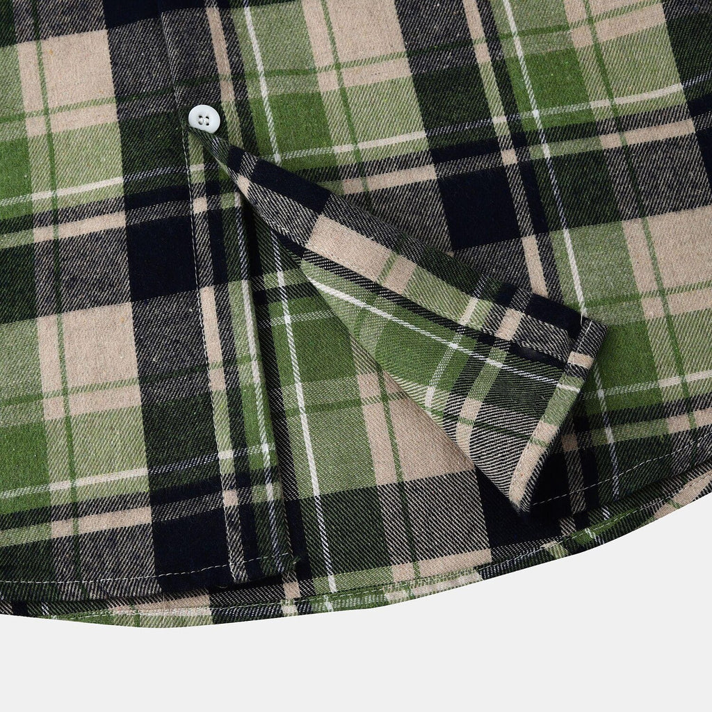 Men's Long Sleeve Flannel Brushed Check Hooded Casual Shirt Green Khaki
