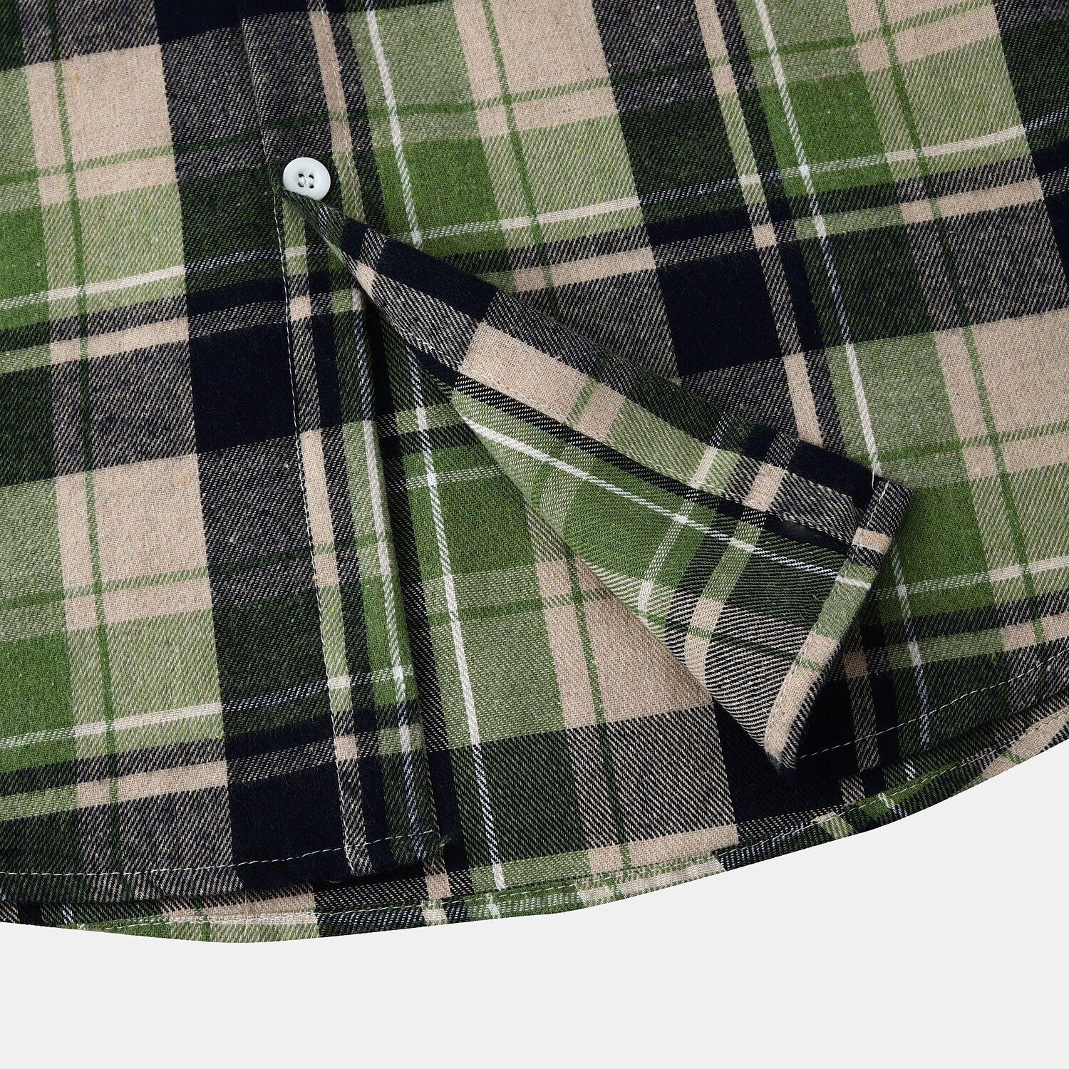 Men's Long Sleeve Flannel Brushed Check Hooded Casual Shirt Green Khaki