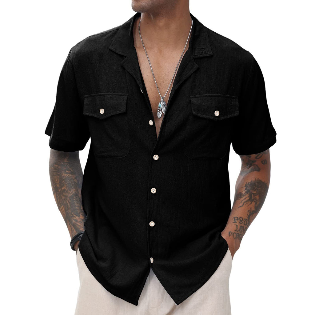 Men's Cuban  Linen Shirts Casual Short Sleeve Button Down Shirts Summer Beach Top with Pocket