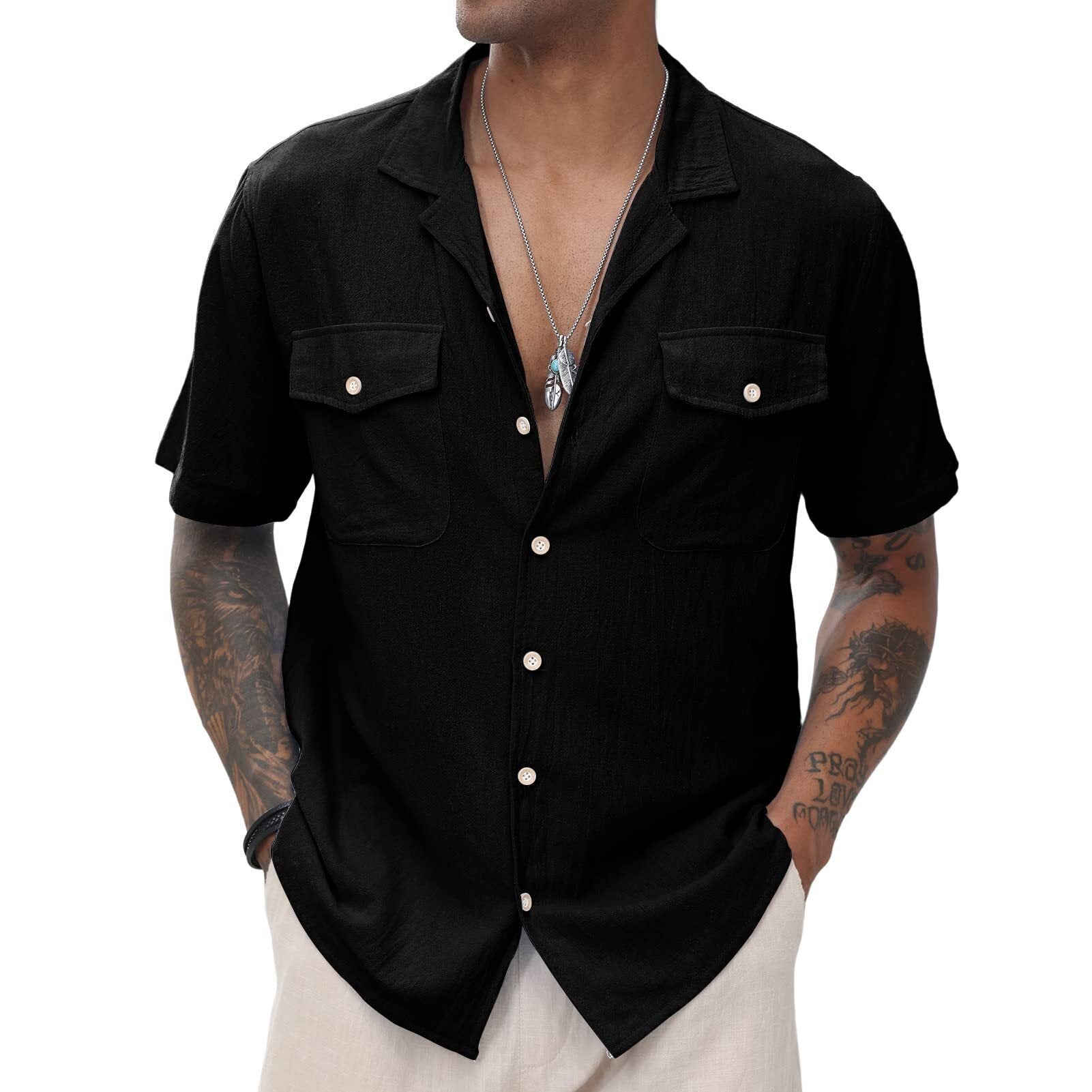Men's Cuban  Linen Shirts Casual Short Sleeve Button Down Shirts Summer Beach Top with Pocket