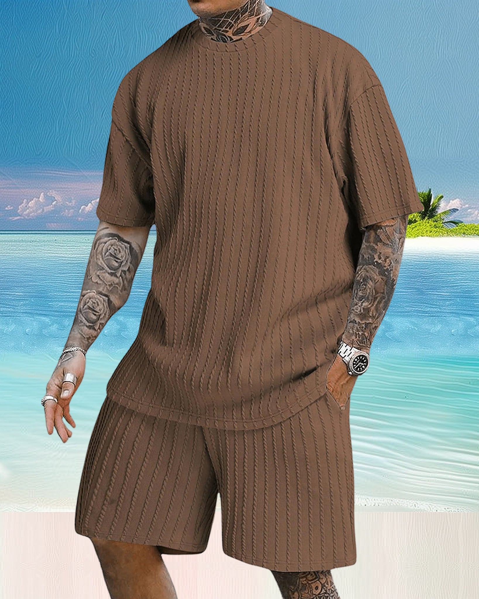 Men's Casual Textured Printed Short Sleeve Tee & Drawstring Waist Shorts Set