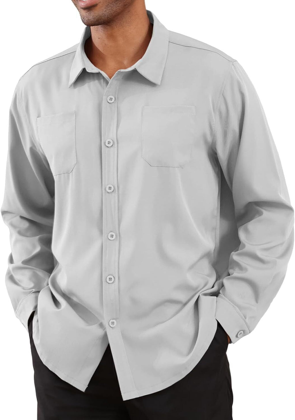 8-park Mens Fashion Dress Shirts Solid Color Long Sleeve Regular Fit Casual Button Down Shirts with Two Chest Pockets