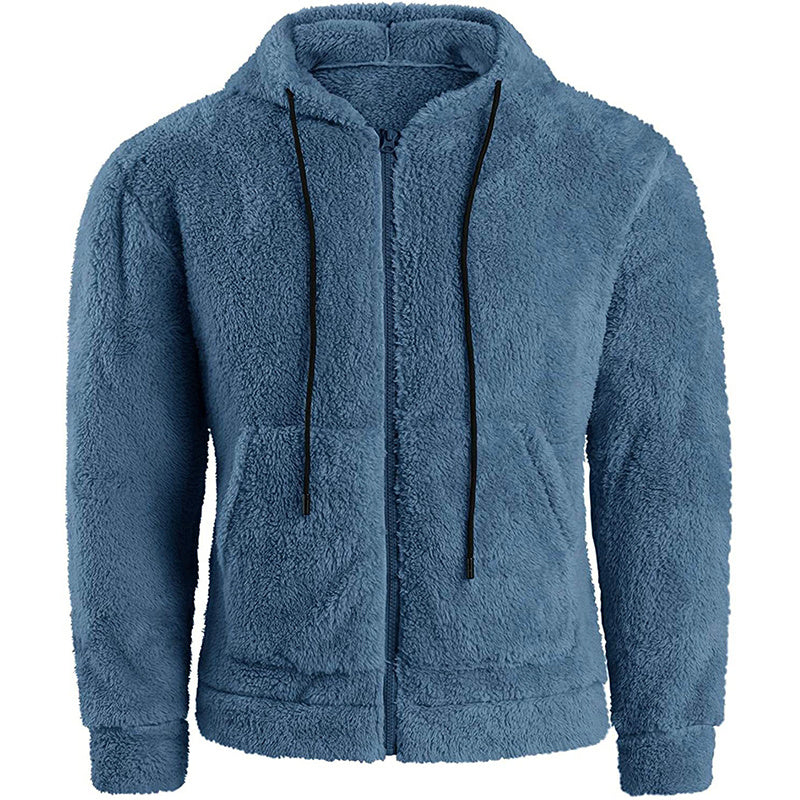 Men's Solid Color Fleece Zip-Up Drawstring Hoodie Sweatshirt