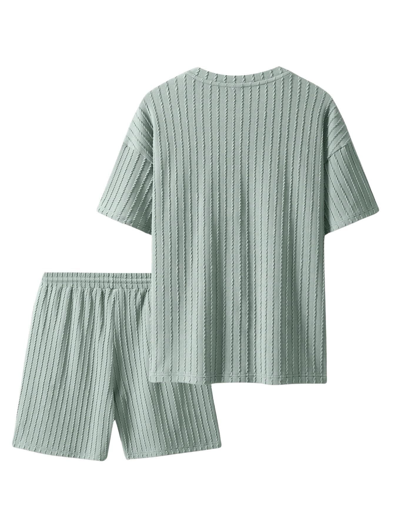 Men's Casual Textured Printed Short Sleeve Tee & Drawstring Waist Shorts Set