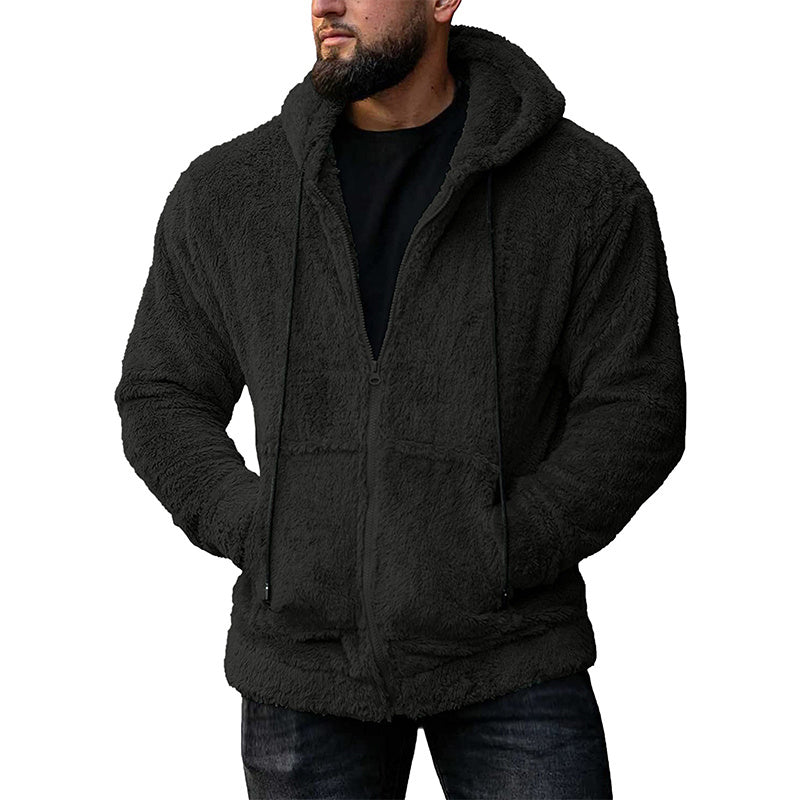 Men's Solid Color Fleece Zip-Up Drawstring Hoodie Sweatshirt