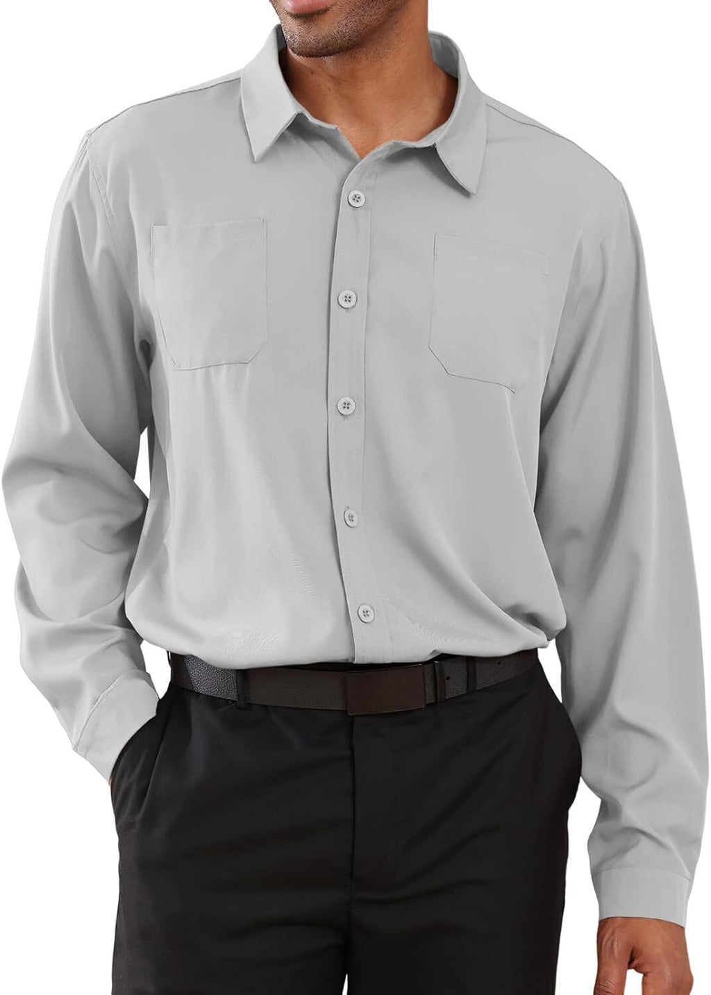 8-park Mens Fashion Dress Shirts Solid Color Long Sleeve Regular Fit Casual Button Down Shirts with Two Chest Pockets