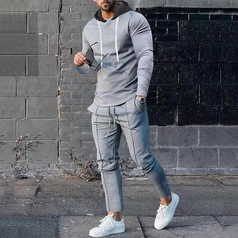 Men's Contrast Hoodied Trendy Pullover Two-piece Suits