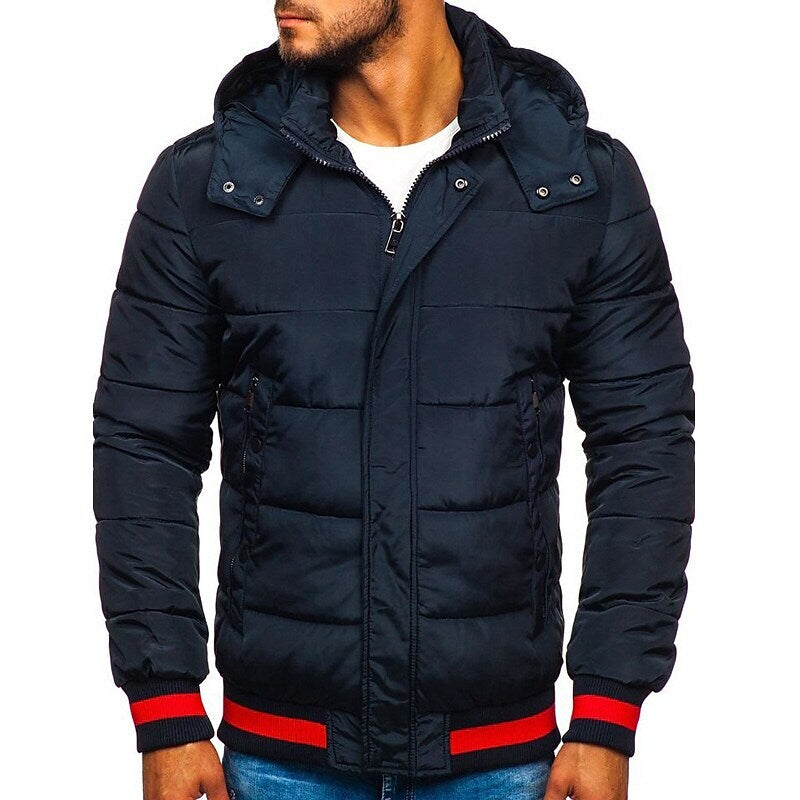 Men's Solid Color Outdoor Windproof Hooded Puffer Jacket