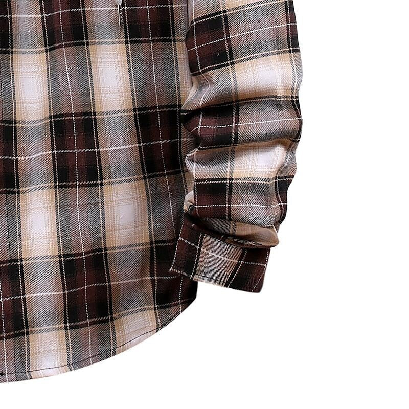 Men's Long Sleeve Flannel Brushed Check Hooded Casual Shirt Blue Brown