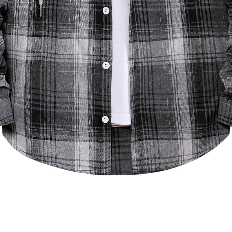 Men's Long Sleeve Check Hooded Casual Shirt Yellow Navy Blue Gray