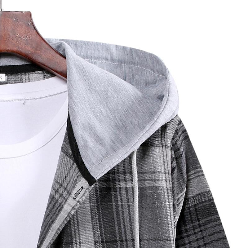 Men's Long Sleeve Check Hooded Casual Shirt Yellow Navy Blue Gray