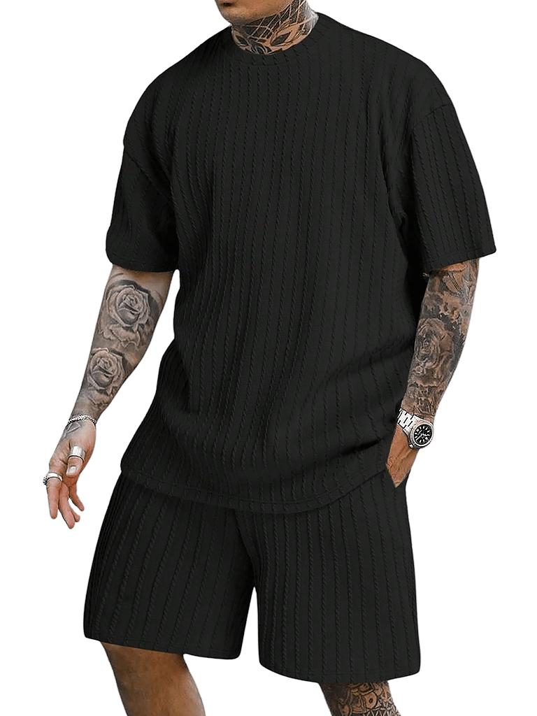 Men's Casual Textured Printed Short Sleeve Tee & Drawstring Waist Shorts Set