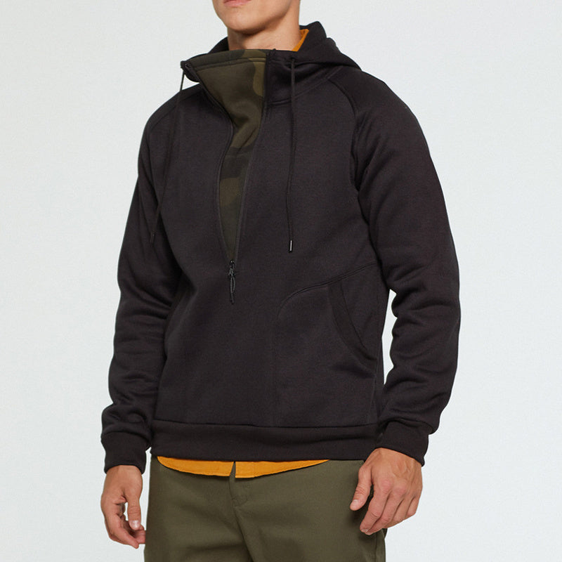 Men's Trendy Brushed V-Zip Camouflage Patchwork Pullover Hooded Sweatershirt