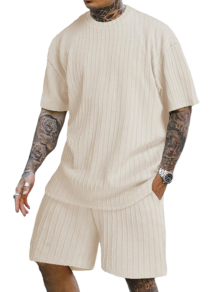 Men's Casual Textured Printed Short Sleeve Tee & Drawstring Waist Shorts Set