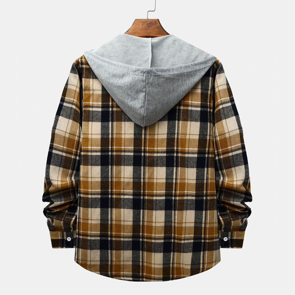 Men's Long Sleeve Flannel Brushed Check Hooded Casual Shirt Green Khaki