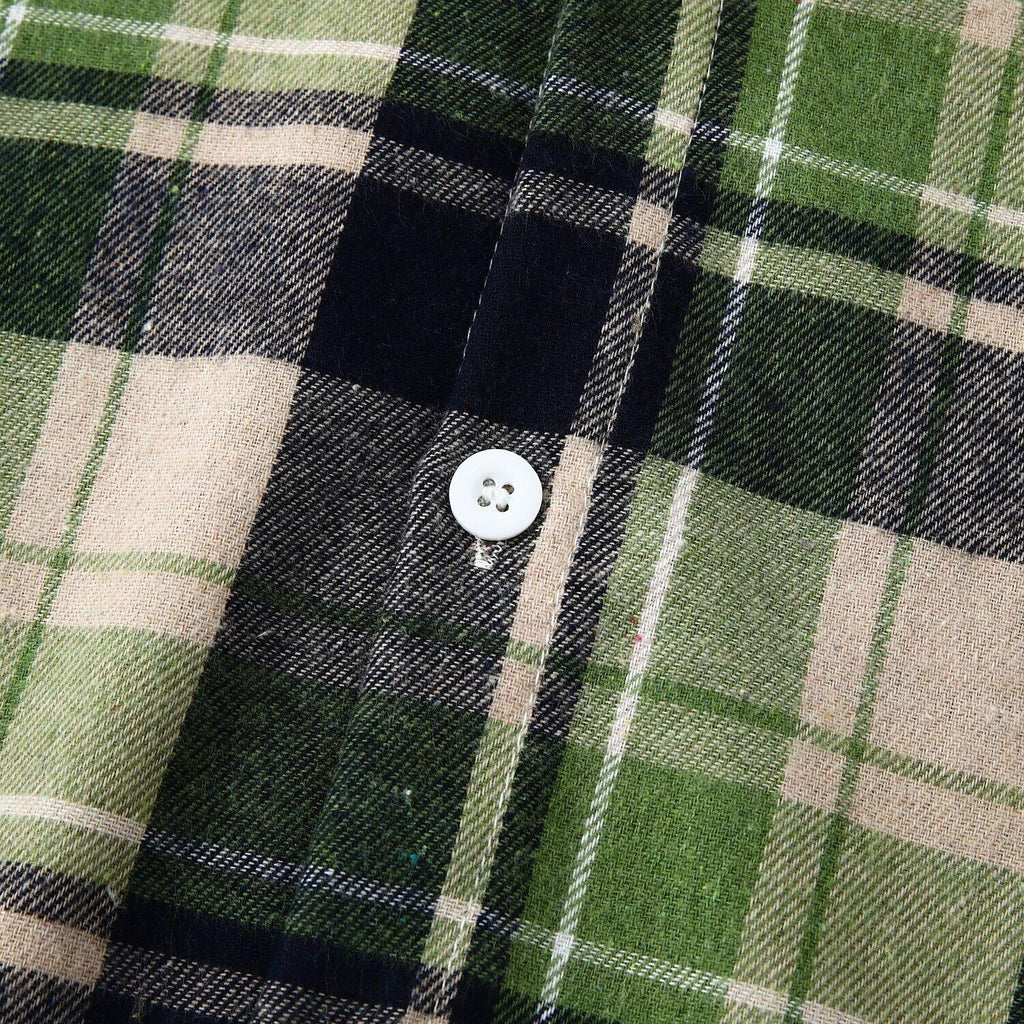Men's Long Sleeve Flannel Brushed Check Hooded Casual Shirt Green Khaki