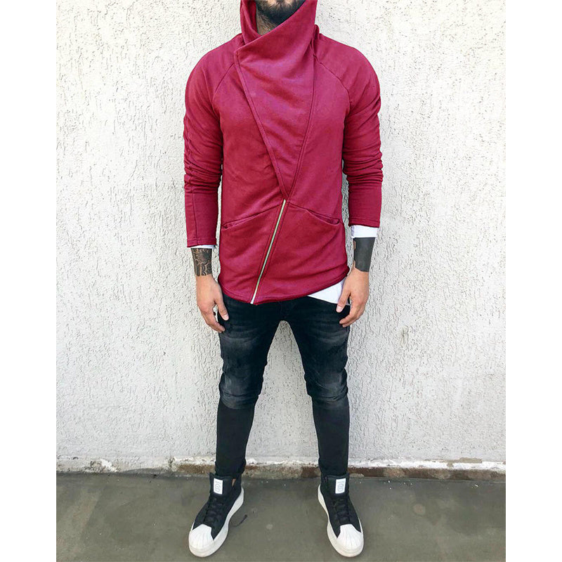 Men's Solid Color Hooded Slim Fit Fleece Diagonal Placket Sweatshirt