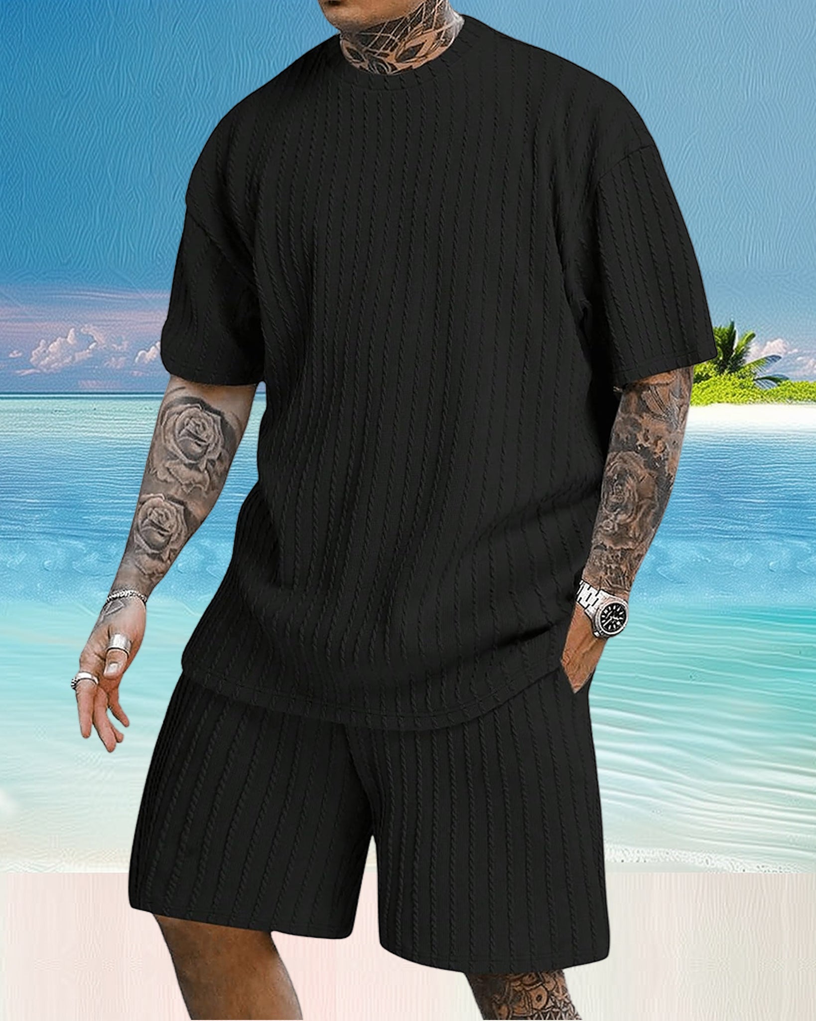 Men's Casual Textured Printed Short Sleeve Tee & Drawstring Waist Shorts Set