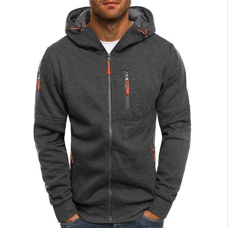 Men's Fleece Solid Color Hoodie Zip Front Hooded Sweatshirt