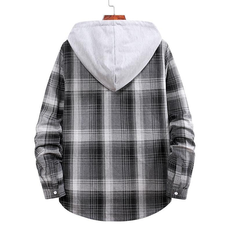 Men's Long Sleeve Check Hooded Casual Shirt Yellow Navy Blue Gray