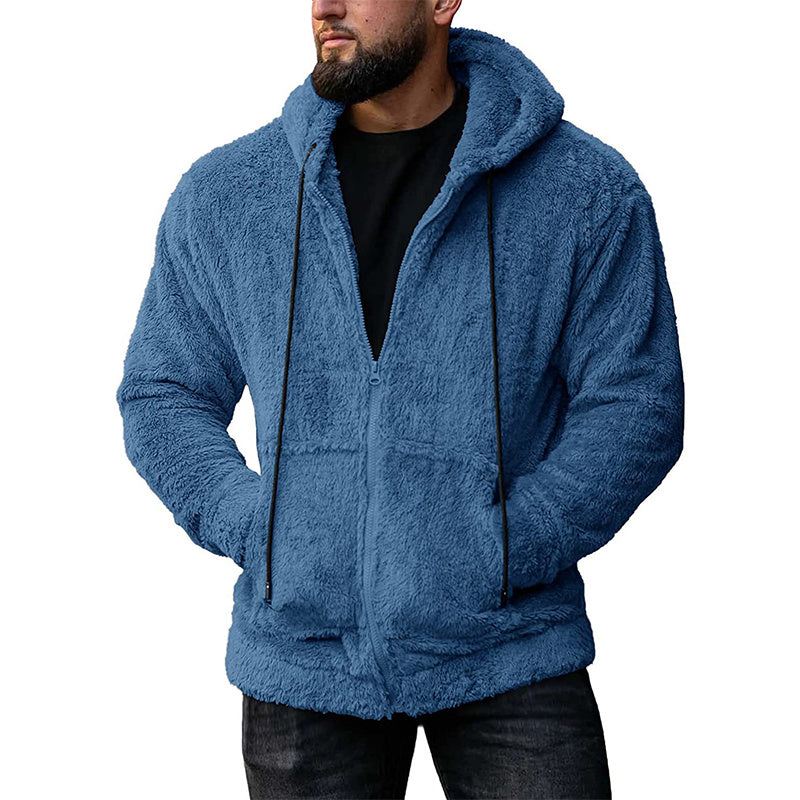 Men's Solid Color Fleece Zip-Up Drawstring Hoodie Sweatshirt