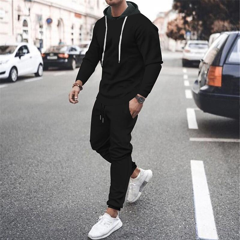 Men's Contrast Hoodied Trendy Pullover Tracksuit