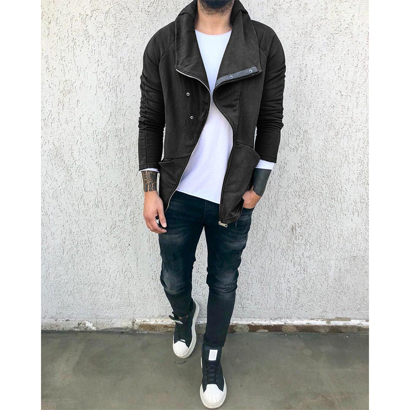 Men's Solid Color Hooded Slim Fit Fleece Diagonal Placket Sweatshirt
