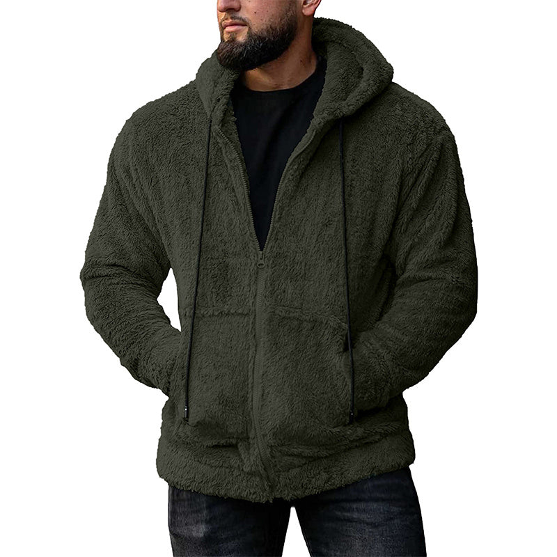 Men's Solid Color Fleece Zip-Up Drawstring Hoodie Sweatshirt