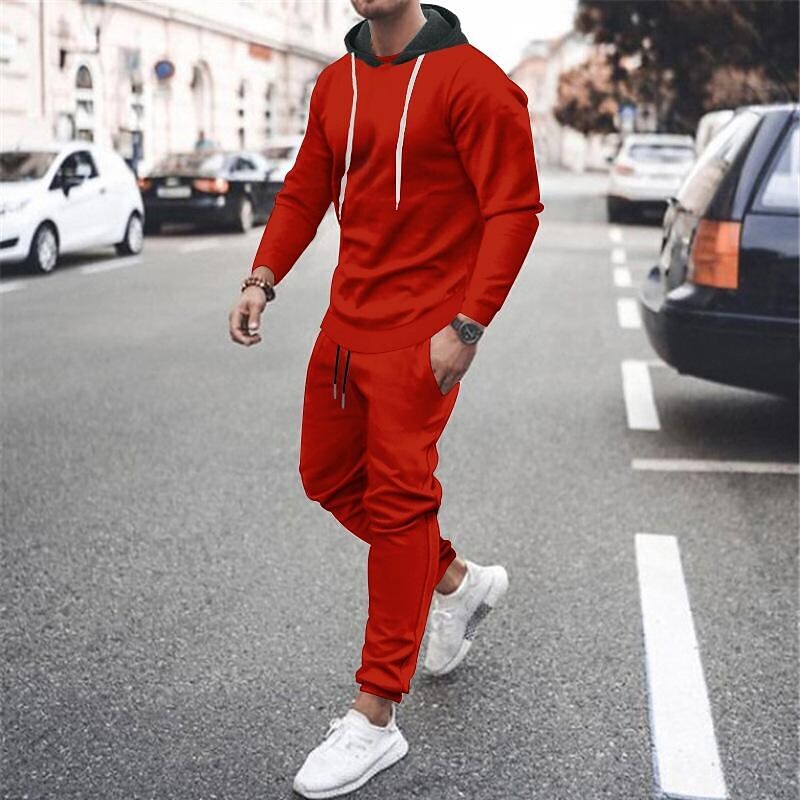 Men's Contrast Hoodied Trendy Pullover Tracksuit