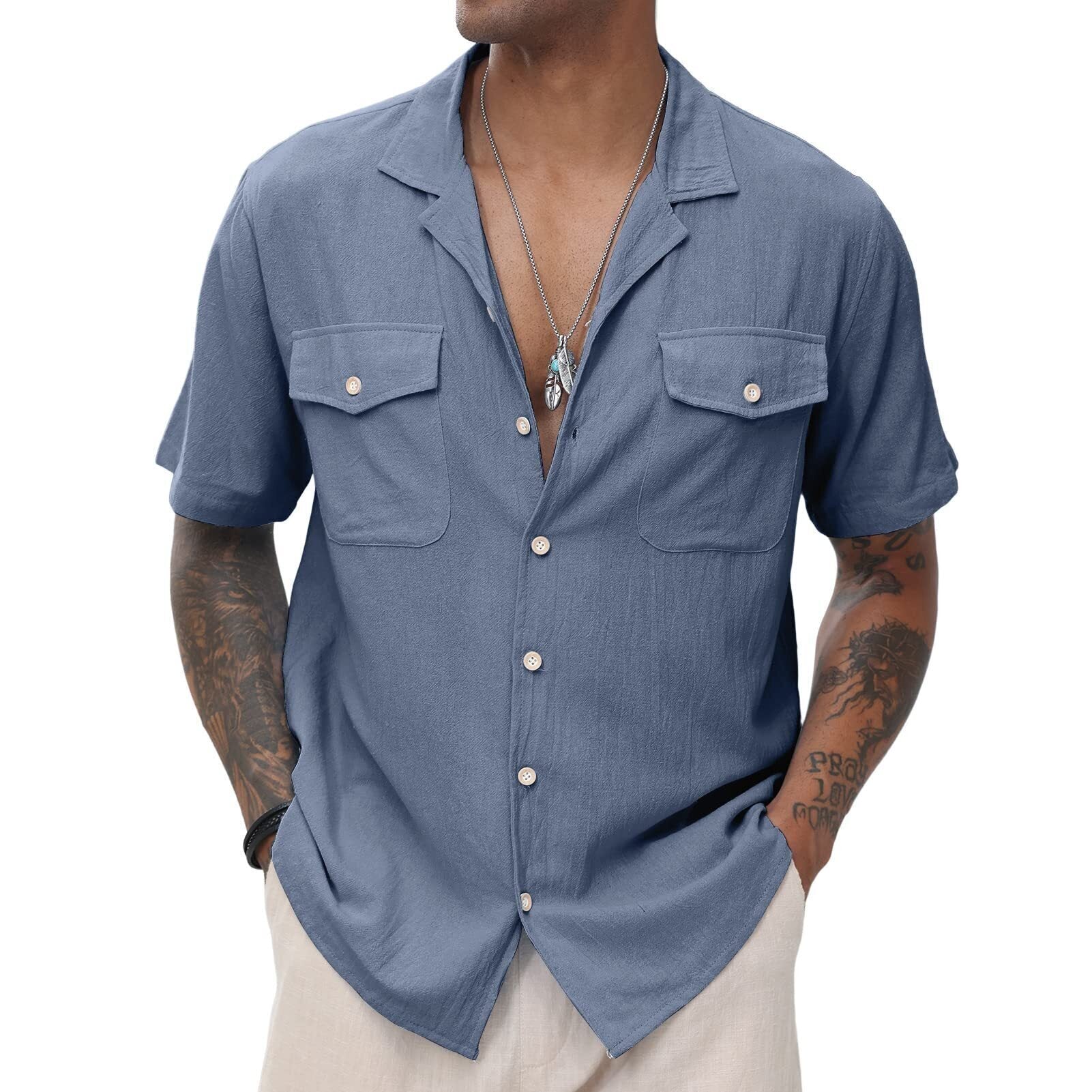 Men's Cuban  Linen Shirts Casual Short Sleeve Button Down Shirts Summer Beach Top with Pocket